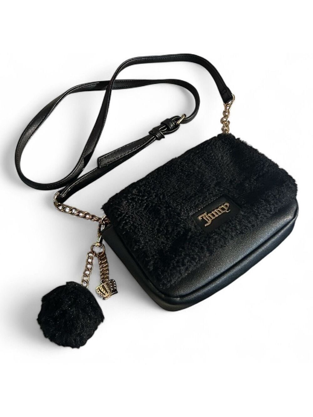 Juicy by Juicy Couture Crowning Glory Black Faux Fur Crossbody Bag with Charms
